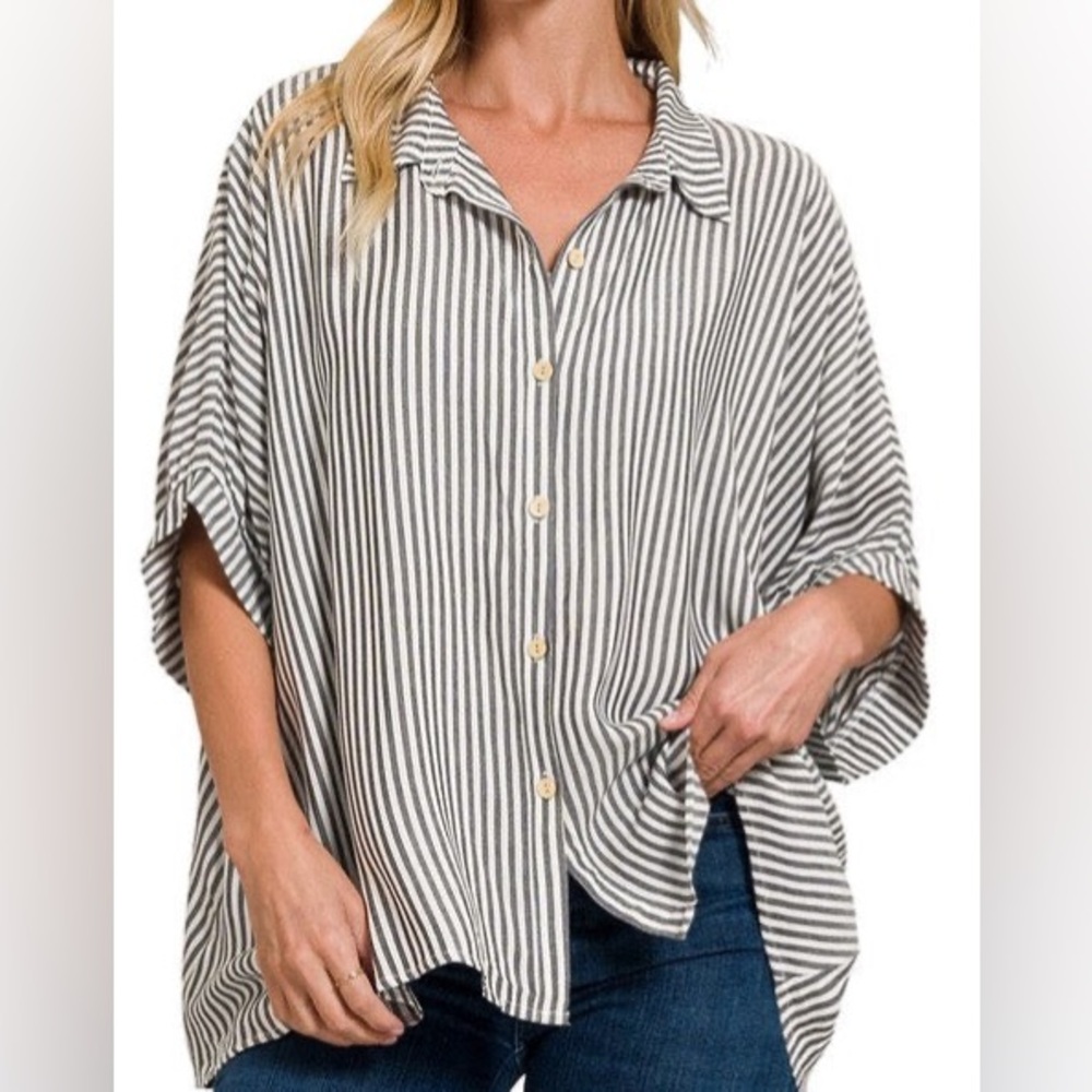Zenana Outfitters Black and White Striped Button Down Shirt